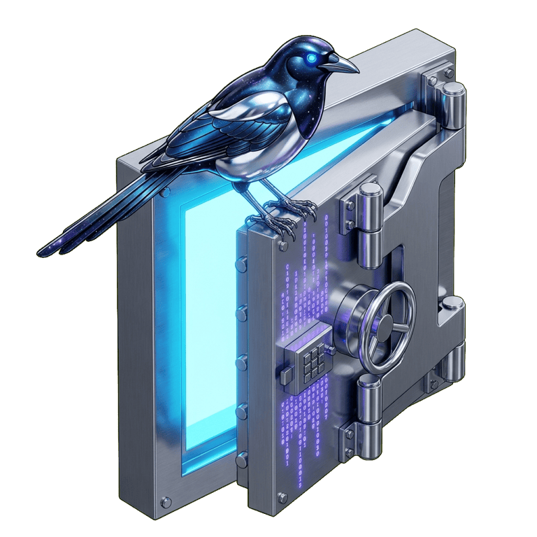 Magpie perched on an open vault door — sealed AI configurations